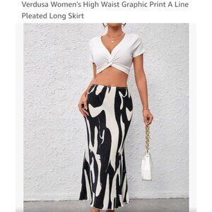 Verdusa Black & White Graphic Print Midi Skirt Lettuce Trim Womens Medium. MS114